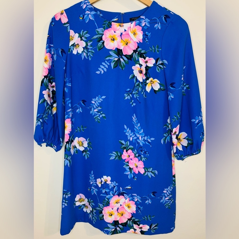 Ann Taylor Poppy Lantern Sleeve Floral Shift Dress In Seashore Blue SZ 0P! - Picture 5 of 12